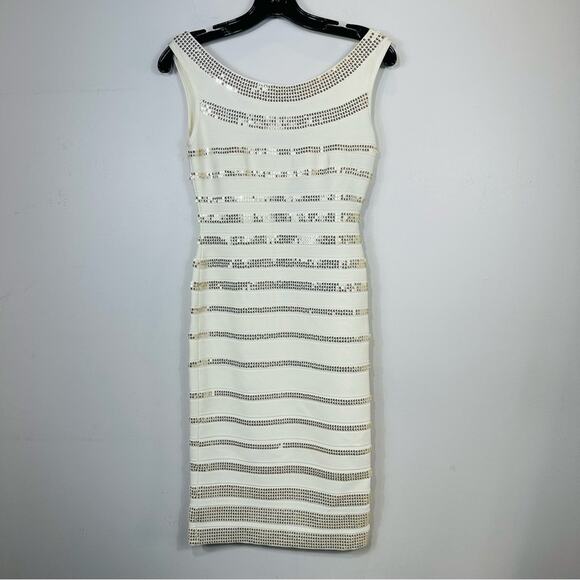 Herve Leger Fatima Gold Sequin Striped Bandage Dress White Alabaster Combo Small - Picture 3 of 16